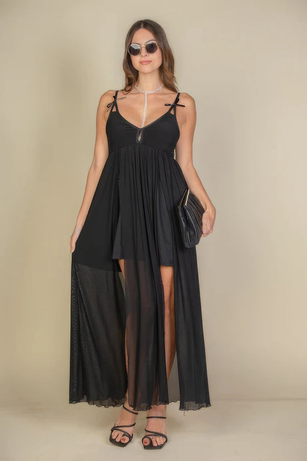 Plunge Neck Split Thigh Mesh Maxi Dress - Dress - SmartBuyApparel