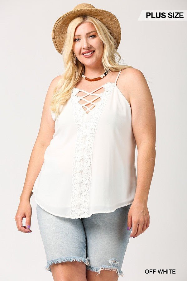 Plunging V - Neckline Lattice Top With Scalloped Lace - Women's top - SmartBuyApparel