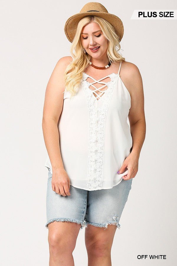 Plunging V - Neckline Lattice Top With Scalloped Lace - Women's top - SmartBuyApparel