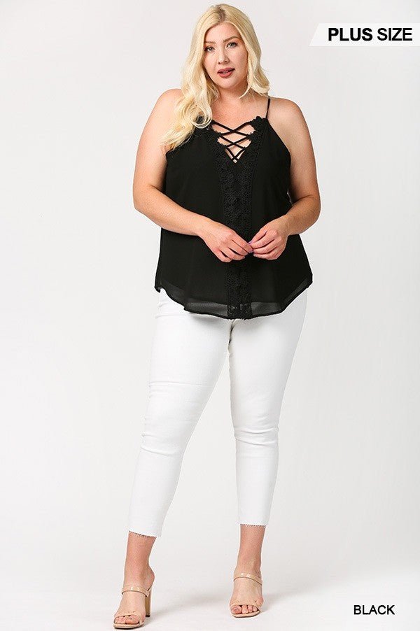 Plunging V - Neckline Lattice Top With Scalloped Lace - Women's top - SmartBuyApparel