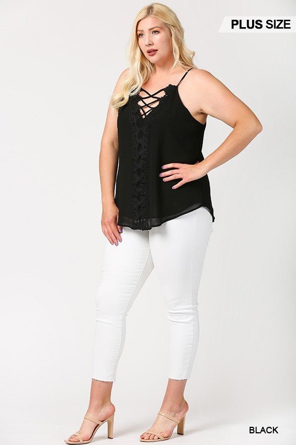 Plunging V - Neckline Lattice Top With Scalloped Lace - Women's top - SmartBuyApparel