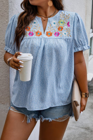 Plus Boho Flower Decoration Loose V Neck Shirt - | SmartBuyApparel