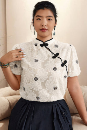 Plus Color Black Lace Trim Loose Fit Chiffon Top - | SmartBuyApparel