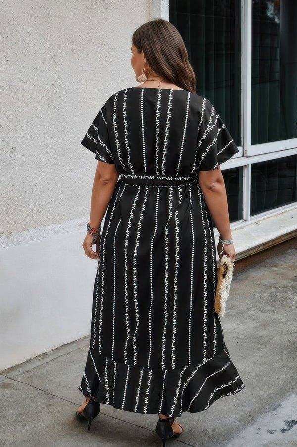 Plus Deep V Belt Asymmetric Hem Fit Dress - | SmartBuyApparel