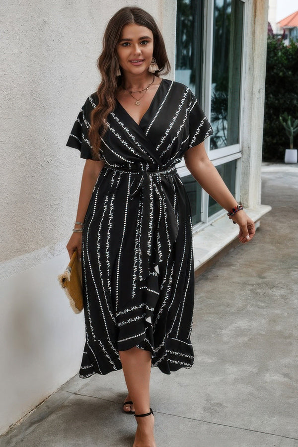 Plus Deep V Belt Asymmetric Hem Fit Dress - | SmartBuyApparel