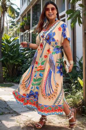 Plus Deep V Neck Allover Print High Waist Dress - | SmartBuyApparel