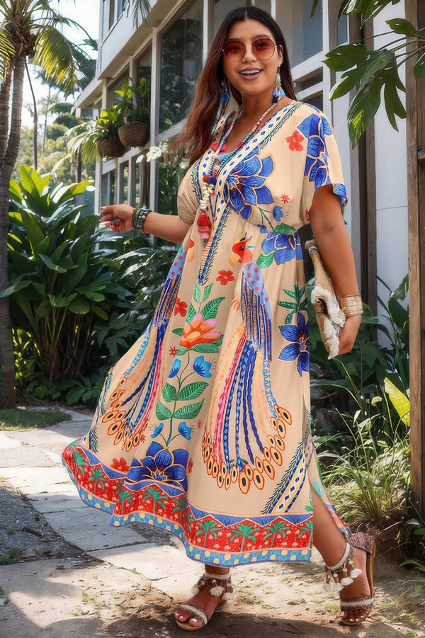 Plus Deep V Neck Allover Print High Waist Dress - | SmartBuyApparel