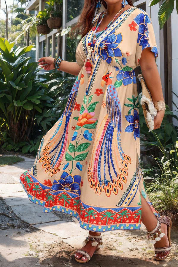 Plus Deep V Neck Allover Print High Waist Dress - | SmartBuyApparel