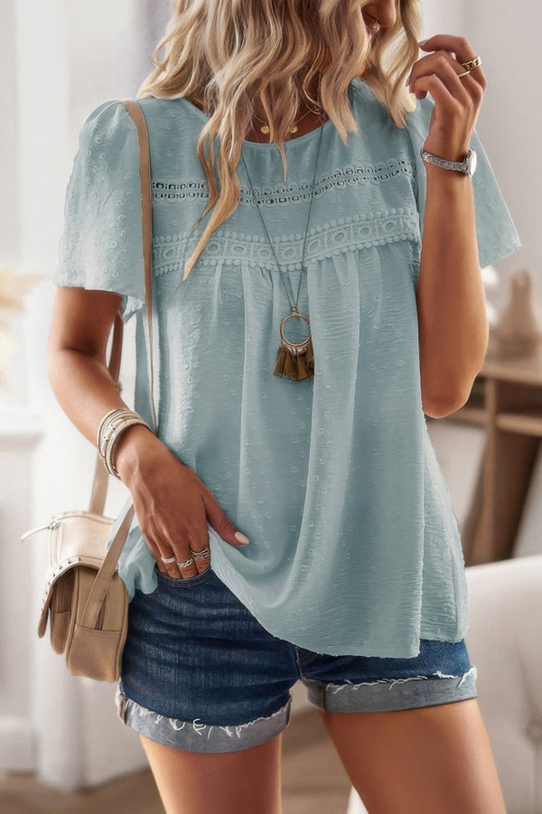 Plus Dot Cut Out Lace Trim Loose Fit Top - | SmartBuyApparel