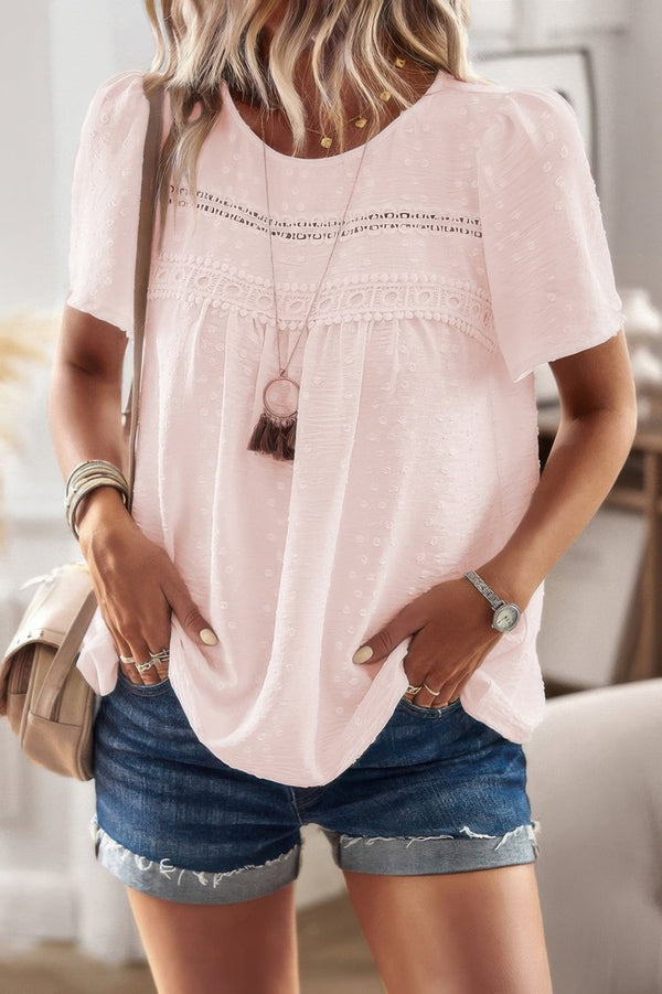 Plus Dot Cut Out Lace Trim Loose Fit Top - | SmartBuyApparel