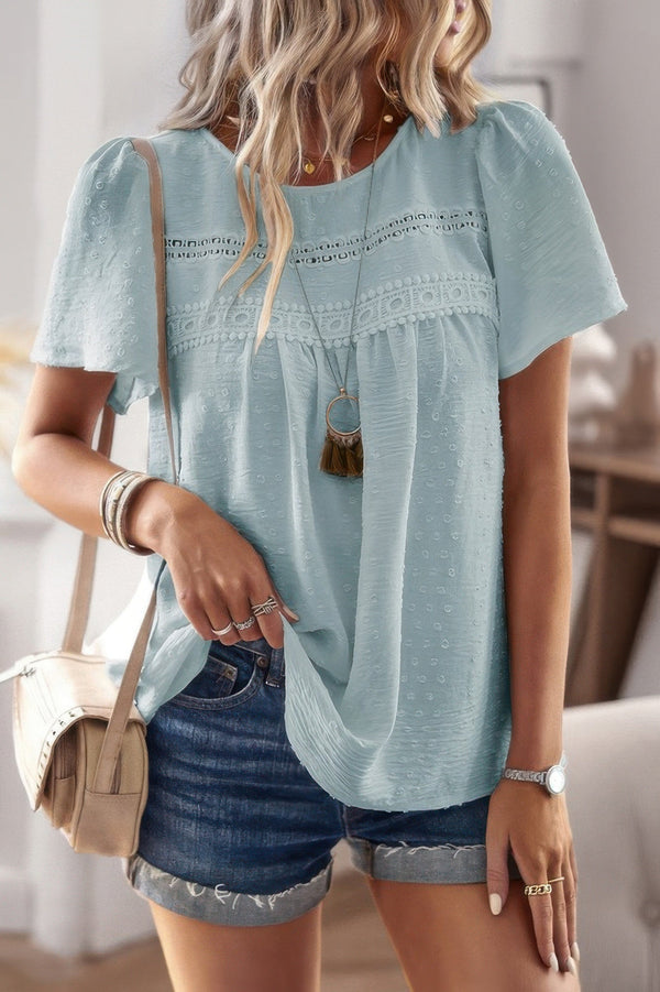 Plus Dot Cut Out Lace Trim Loose Fit Top - | SmartBuyApparel