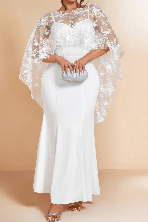 Plus Floral Contrast Lace Butterfly Sleeve Dress - | SmartBuyApparel