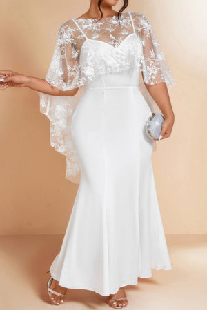 Plus Floral Contrast Lace Butterfly Sleeve Dress - | SmartBuyApparel