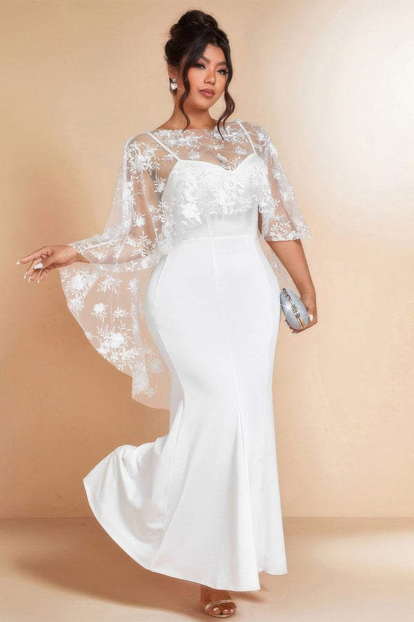 Plus Floral Contrast Lace Butterfly Sleeve Dress - | SmartBuyApparel