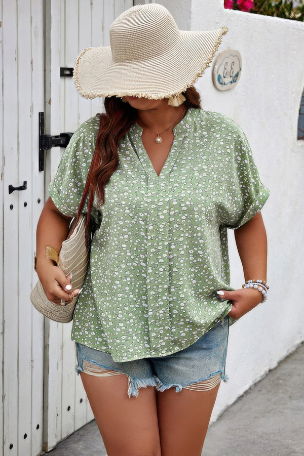 Plus Floral Print V Neck Short Sleeve Loose Blouse - | SmartBuyApparel
