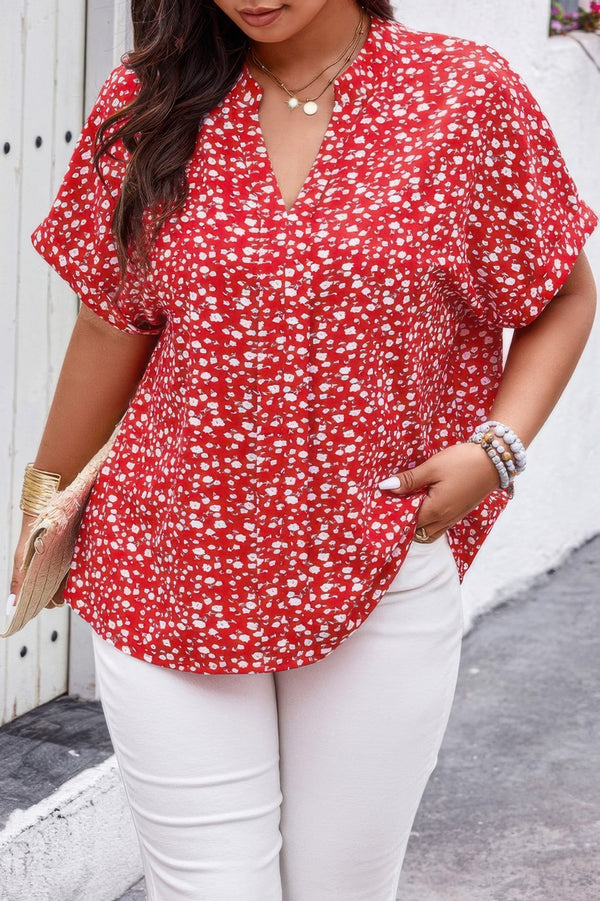 Plus Floral Print V Neck Short Sleeve Loose Blouse - | SmartBuyApparel