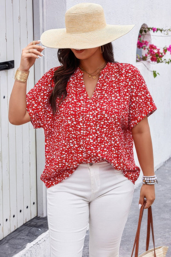 Plus Floral Print V Neck Short Sleeve Loose Blouse - | SmartBuyApparel