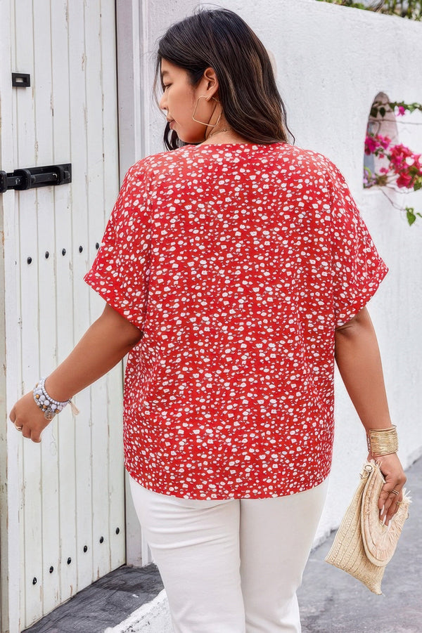 Plus Floral Print V Neck Short Sleeve Loose Blouse - | SmartBuyApparel