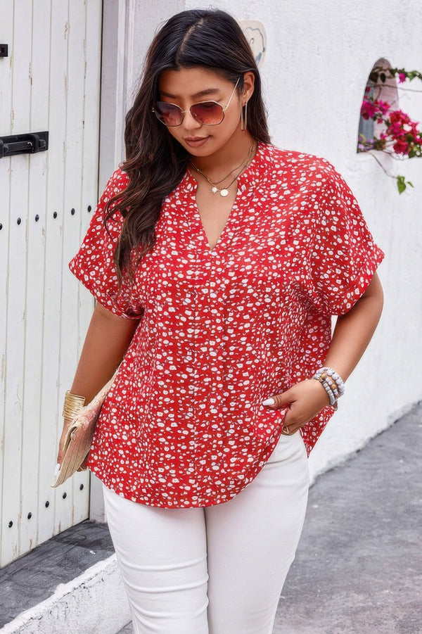 Plus Floral Print V Neck Short Sleeve Loose Blouse - | SmartBuyApparel