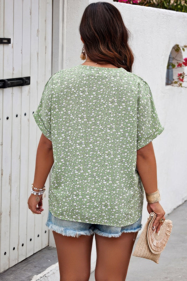Plus Floral Print V Neck Short Sleeve Loose Blouse - | SmartBuyApparel