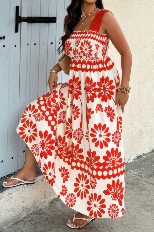 Plus Floral Printed Square Neck Wide Strap Dress - | SmartBuyApparel