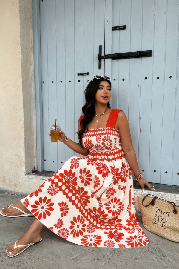 Plus Floral Printed Square Neck Wide Strap Dress - | SmartBuyApparel