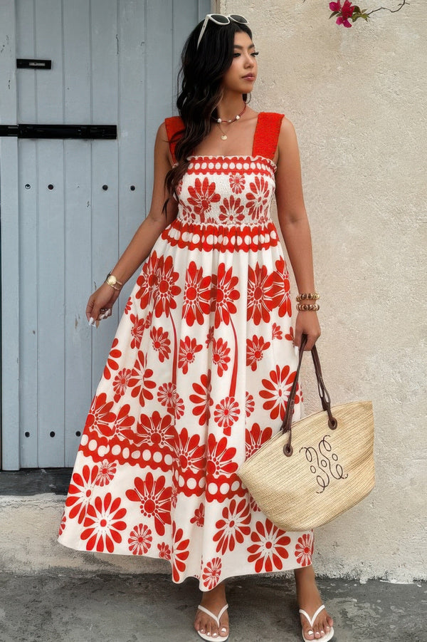 Plus Floral Printed Square Neck Wide Strap Dress - | SmartBuyApparel