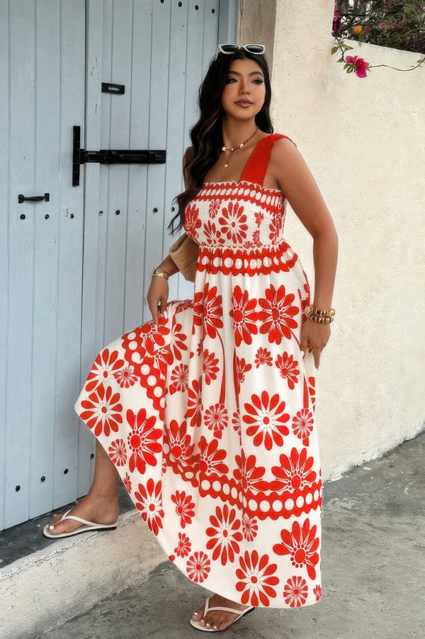 Plus Floral Printed Square Neck Wide Strap Dress - | SmartBuyApparel