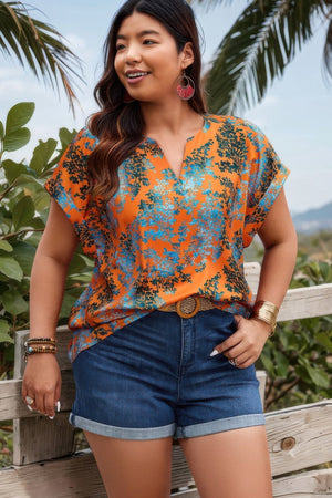 Plus Floral V Neck Batwing Sleeve Loose Shirt - | SmartBuyApparel