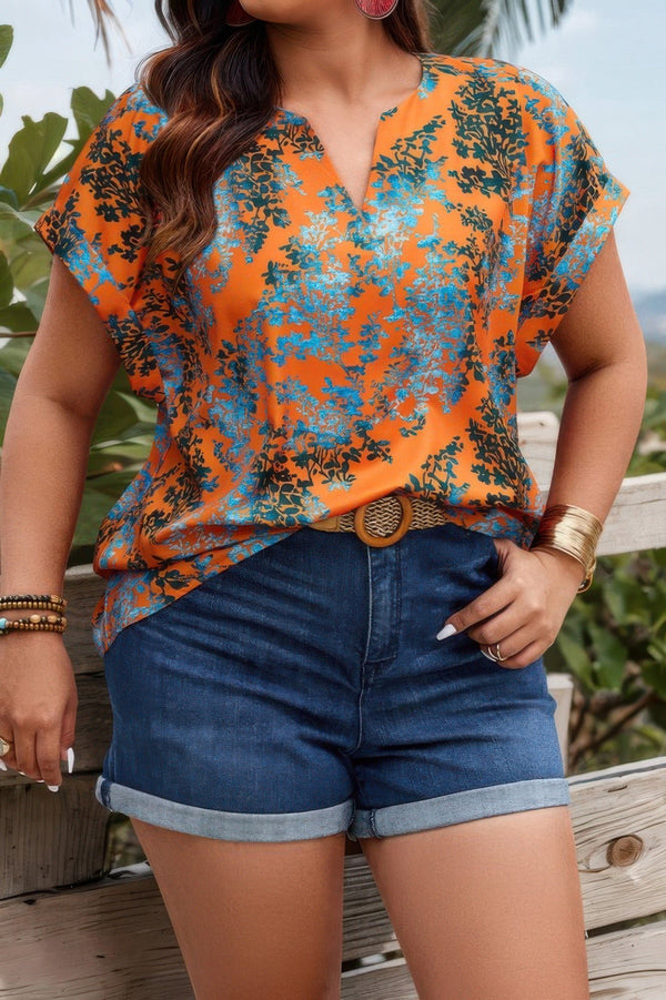 Plus Floral V Neck Batwing Sleeve Loose Shirt - | SmartBuyApparel