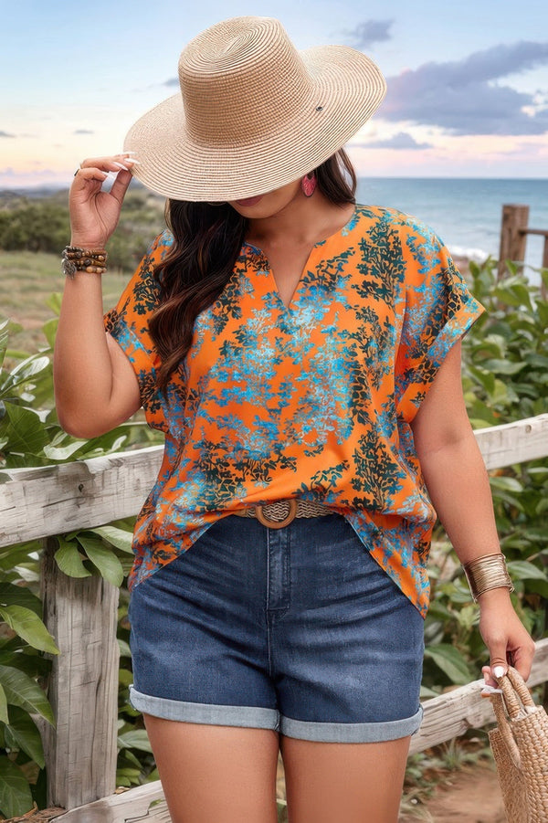 Plus Floral V Neck Batwing Sleeve Loose Shirt - | SmartBuyApparel