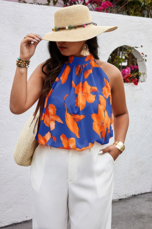 Plus Gingko Leaf Print Short Sleeve Halter Shirt - | SmartBuyApparel