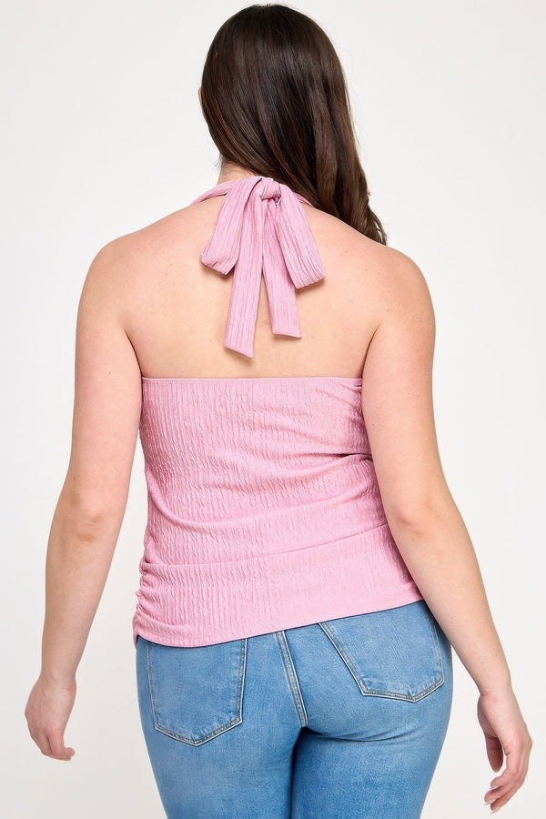 Plus Halter Tie Crinkle Knit Top - | SmartBuyApparel