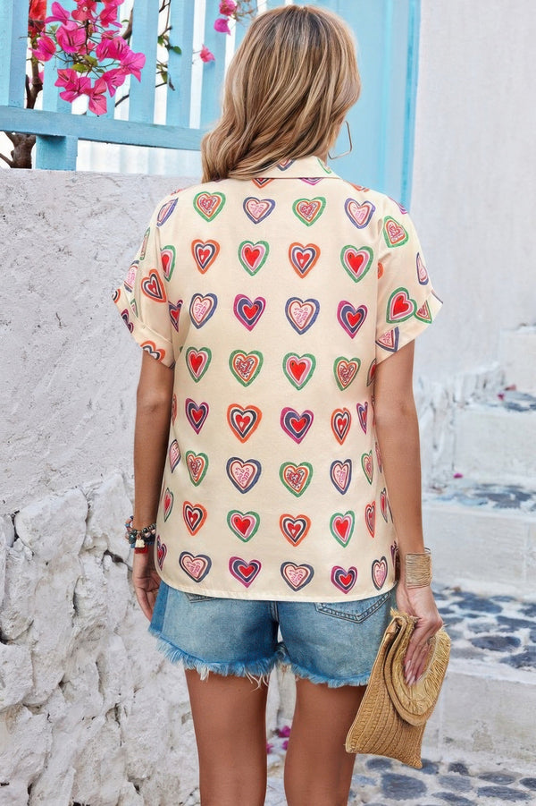 Plus Heart Print Button Down Batwing Sleeve Blouse - | SmartBuyApparel