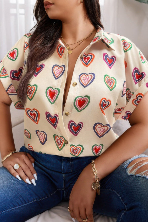 Plus Heart Print Button Down Batwing Sleeve Blouse - | SmartBuyApparel