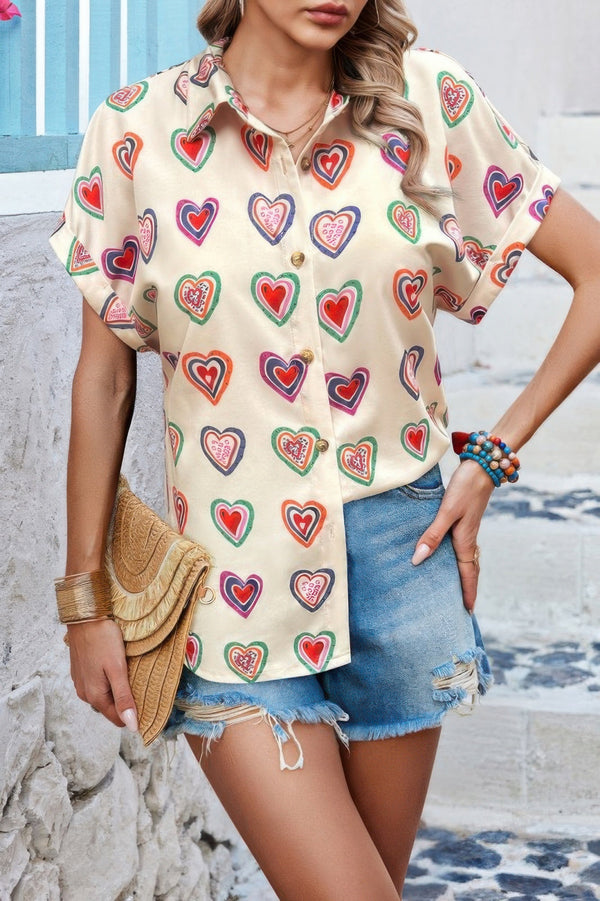 Plus Heart Print Button Down Batwing Sleeve Blouse - | SmartBuyApparel