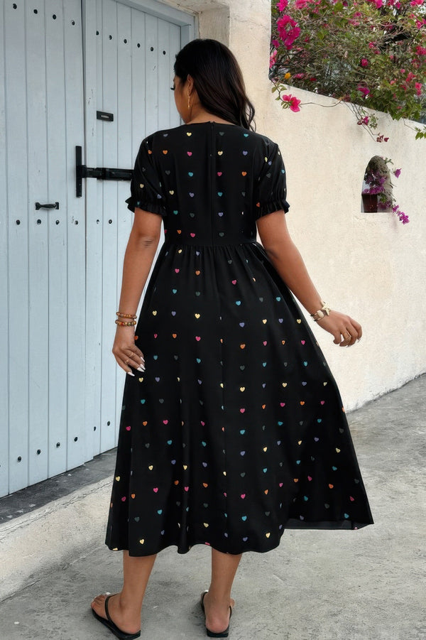 Plus Heart Print Round Neck Ruffle Hem Dress - | SmartBuyApparel
