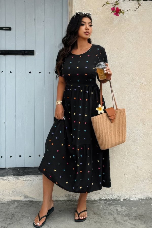 Plus Heart Print Round Neck Ruffle Hem Dress - | SmartBuyApparel