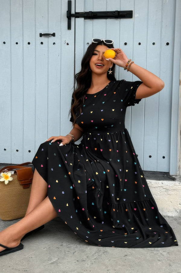 Plus Heart Print Round Neck Ruffle Hem Dress - | SmartBuyApparel