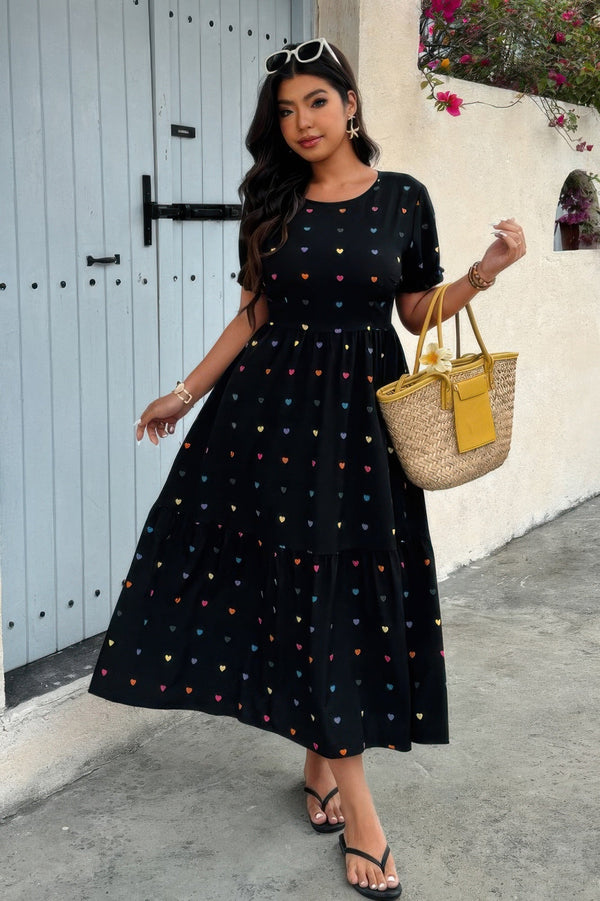 Plus Heart Print Round Neck Ruffle Hem Dress - | SmartBuyApparel