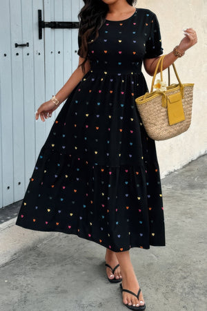 Plus Heart Print Round Neck Ruffle Hem Dress - | SmartBuyApparel