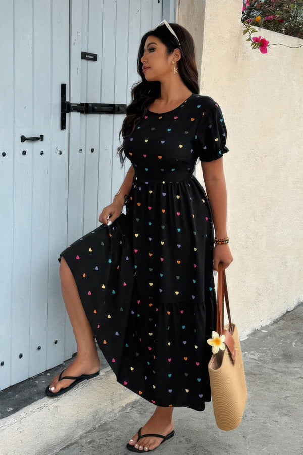 Plus Heart Print Round Neck Ruffle Hem Dress - | SmartBuyApparel