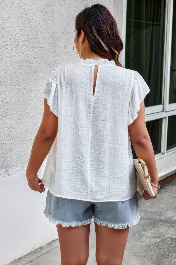 Plus Hollow Out Frill Collar Cap Sleeves Shirt - | SmartBuyApparel