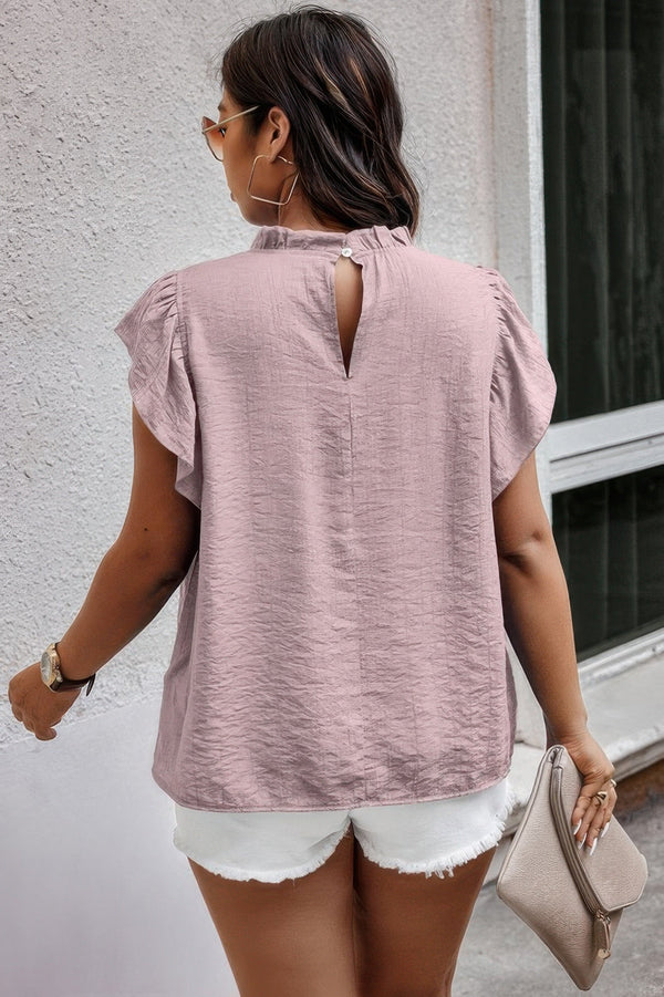 Plus Hollow Out Frill Collar Cap Sleeves Shirt - | SmartBuyApparel