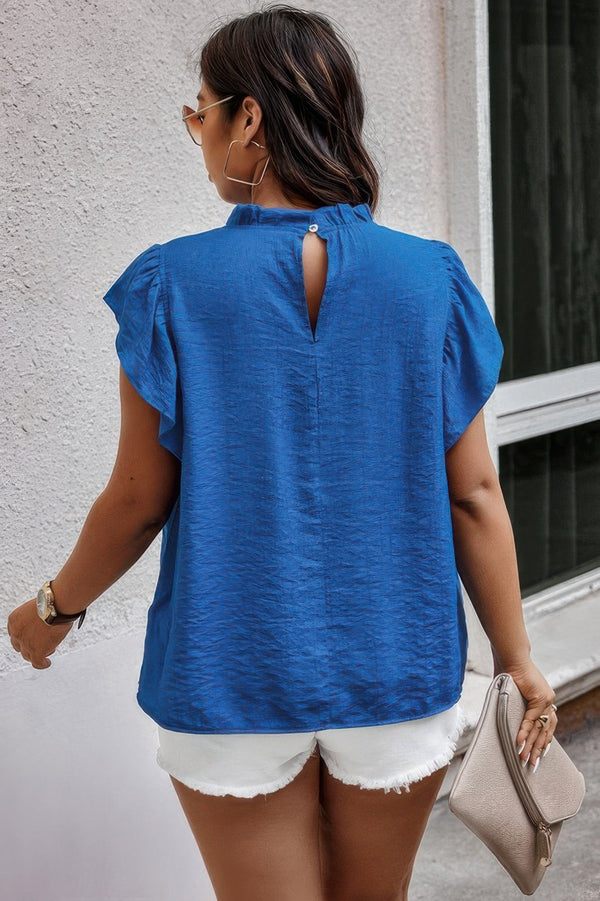 Plus Hollow Out Frill Collar Cap Sleeves Shirt - | SmartBuyApparel