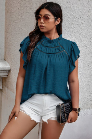 Plus Hollow Out Frill Collar Cap Sleeves Shirt - | SmartBuyApparel