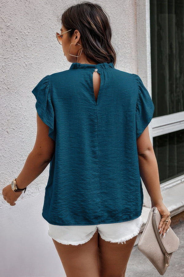 Plus Hollow Out Frill Collar Cap Sleeves Shirt - | SmartBuyApparel