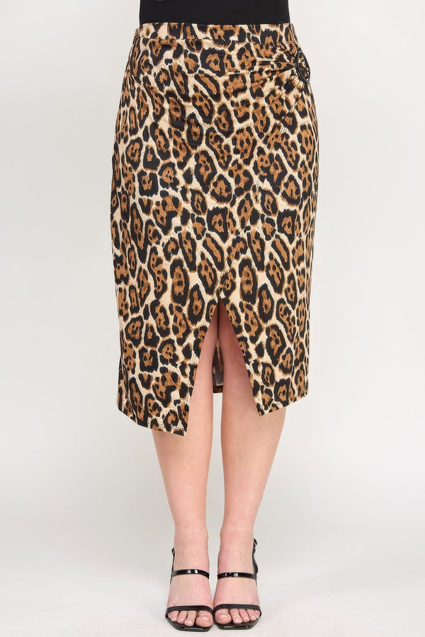 Plus Leopard Prt Asym Skirt W/ Buckle - | SmartBuyApparel