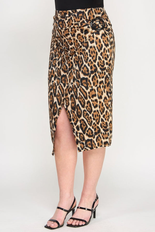 Plus Leopard Prt Asym Skirt W/ Buckle - | SmartBuyApparel