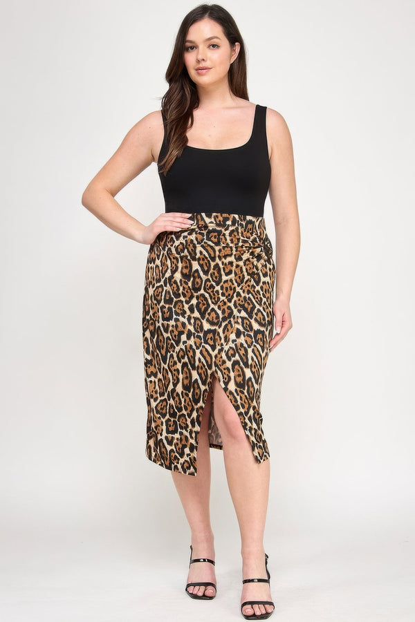 Plus Leopard Prt Asym Skirt W/ Buckle - | SmartBuyApparel
